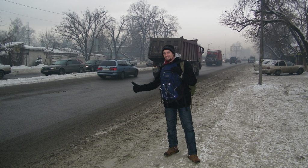 Hitch hiking at road side in Kazakhstan